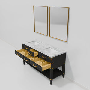 English Elm Black Oak Double Bath Vanity With Carrara Marble Top, Dual Mirrors & Ample Storage For Elegance B2731S02161