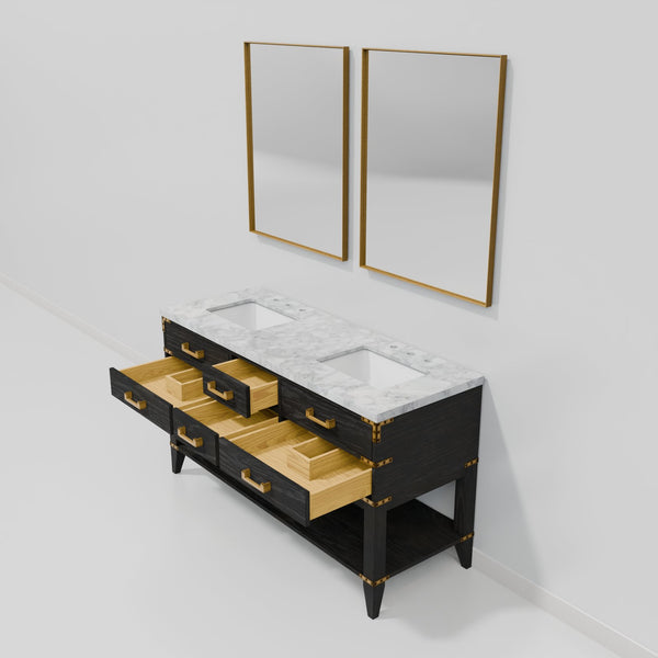 English Elm Black Oak Double Bath Vanity With Carrara Marble Top, Dual Mirrors & Ample Storage For Elegance B2731S02161