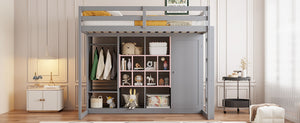 English Elm Twin Loft Bed with Wardrobe Shelves and Cabinet Kids Bedroom Wood Storage Frame Pink+Grey N708S00023E