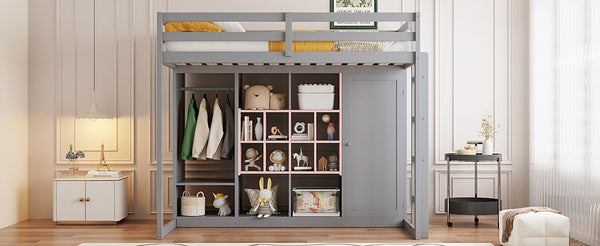 English Elm Twin Loft Bed with Wardrobe Shelves and Cabinet Kids Bedroom Wood Storage Frame Pink+Grey N708S00023E