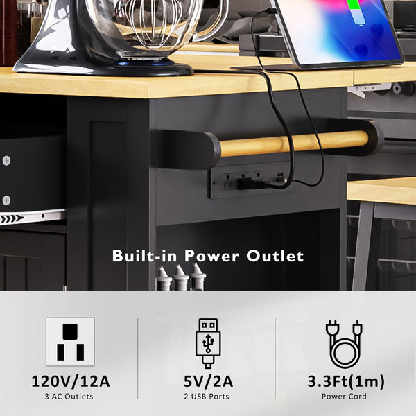 English Elm K&K 48in Kitchen Island Set with 2 Stools, Built-In Power Station, Drop Leaf & Ample Storage Space Black N707S000015B