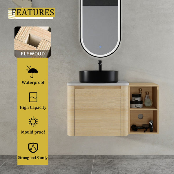 English Elm 36'' Wall-Mounted Bathroom Vanity With Artistic Ceramic Sink, Soft-Close Door & Space-Saving Storage W999S00468