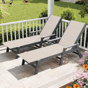 English Elm Lounge Outdoor Hdpe Reclining Chaise with Teslin Fabric Seat Wheels and Cup Holder Khaki W1859P494823