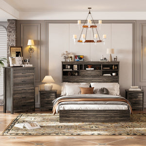English Elm 4PCS Queen Bedroom Set with Storage Headboard & Built‑In Charging Station, 2 Nightstands, Dresser Antique Gray 54.25 L x 18.75 W x 9.25 H N733S307937A