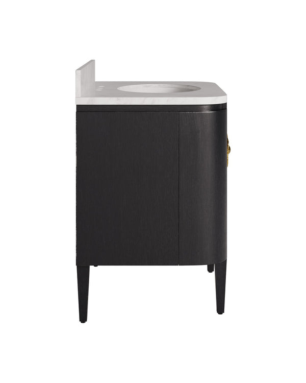 Currey & Company Briallen 36" Vanity With Elegant Carrara Marble Top And Polished Nickel Brass Flower Pull Storage Solutions Black White Oak Solids & Veneers ,Carrara Marble ,Vitreous China ,Brass 3800-0017-currey-company