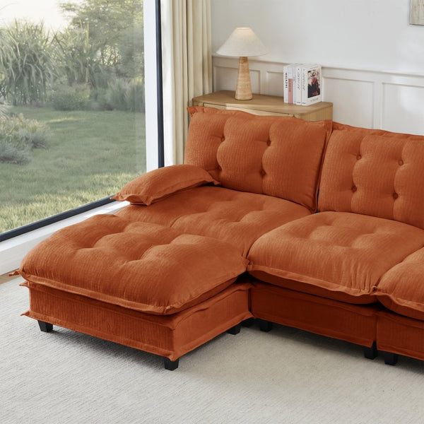 English Elm 138" U-shaped Chenille Cloud Sectional with Ottomans Deep Seat Modular Living Room Sofa Orange W714S01742