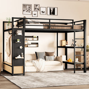 English Elm Full Size Loft Bed Frame With Integrated Wardrobe, Storage Shelves, And Pegboard For Smart Living W1580S00232