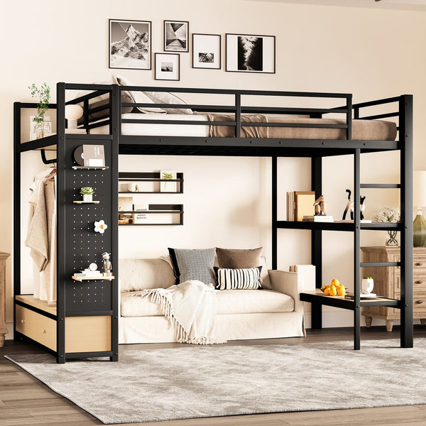 English Elm Full Size Loft Bed Frame With Integrated Wardrobe, Storage Shelves, And Pegboard For Smart Living W1580S00232