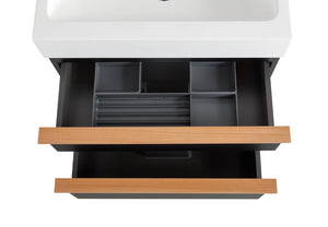 English Elm VELA 24 Inch Wall Mounted Bathroom Vanity with Integrated Acrylic Sink, Dual Wood Handles, Soft-Close drawers and Organizer Black W3235P327615
