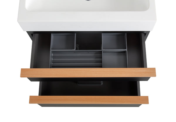 English Elm VELA 24 Inch Wall Mounted Bathroom Vanity with Integrated Acrylic Sink, Dual Wood Handles, Soft-Close drawers and Organizer Black W3235P327615