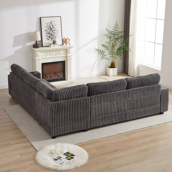 English Elm 110-Inch Oversized Corduroy Corner Sofa with Storage, USB & Cup Holders, Deep Plush Seating Comfort DARK GREY W834S00285