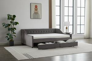 English Elm Daybed Velvet Upholstered with 2 Drawers & Wood Slat Support, Gray Full Sofa Bed with Storage W2725S00004