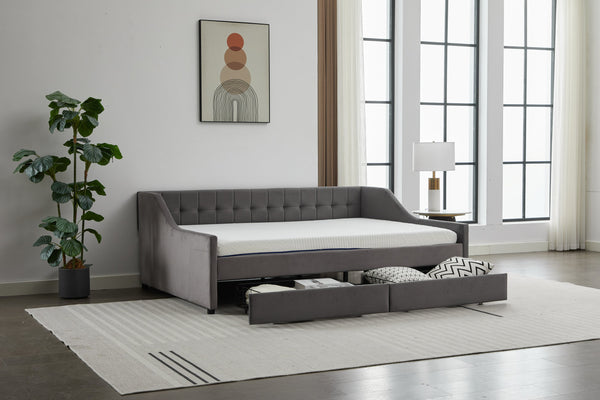 English Elm Daybed Velvet Upholstered with 2 Drawers & Wood Slat Support, Gray Full Sofa Bed with Storage W2725S00004