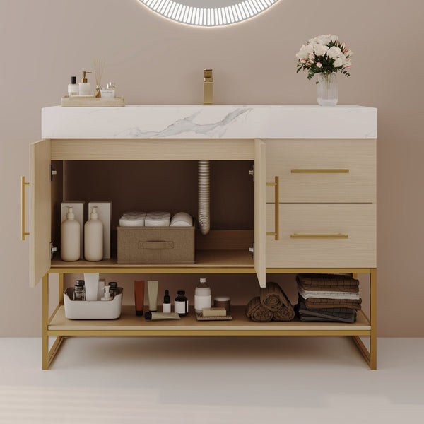 English Elm 36" Freestanding Bathroom Vanity Sintered Stone Top Gold Hardware Wood Cabinet W3136S00055