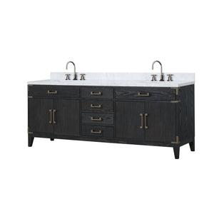 English Elm Black Oak Double Bath Vanity With Carrara Marble Top, Chrome Faucet Set & Ample Storage Space B2731P260978