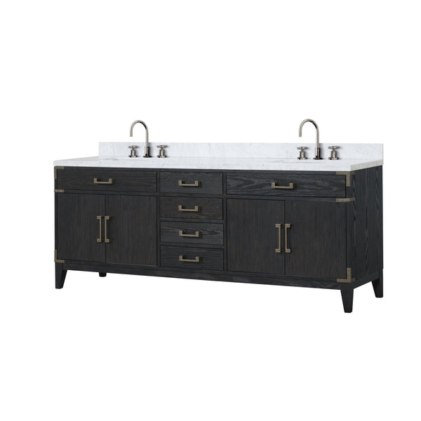 English Elm Black Oak Double Bath Vanity With Carrara Marble Top, Chrome Faucet Set & Ample Storage Space B2731P260978
