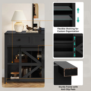 English Elm U_style Industrial Sideboard with Sliding Barn Doors Iron Mesh Panels and Three Drawers Black N711P347384B