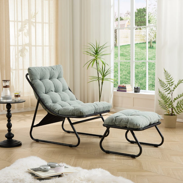English Elm Patio Steel Sling Recliner with Corduroy Cushion and Ottoman for Indoor Outdoor Use W640P443496