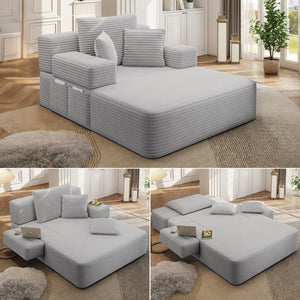English Elm Luxurious Corduroy Convertible Chaise Lounge Sofa Bed with Foam Support for Apartments Light Grey W3219P449013