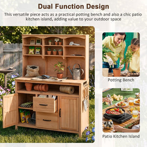 English Elm (with Hutch) Topmax Solid Fir Outdoor Potting Bench Station Cabinets Drawers Patio Garden Natural Wood N717P404332A