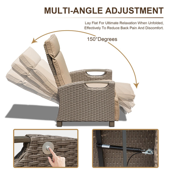English Elm Outdoor Recliner Chair with Hand‑Woven Resin Wicker, Built‑In Flip Table, Thick Cushions, 150° Recline Beige W1859P196426