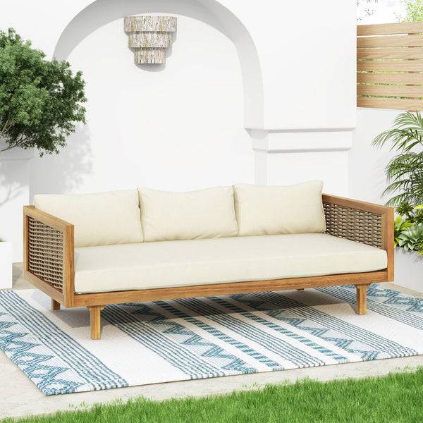 English Elm Christopher Knight Home® - Wicker Outdoor Patio Daybed and Coffee Table Set — All-Weather Acacia Frame, Water-Resistant Cushions Teak+ Beige N770P234486F_N770P205570B