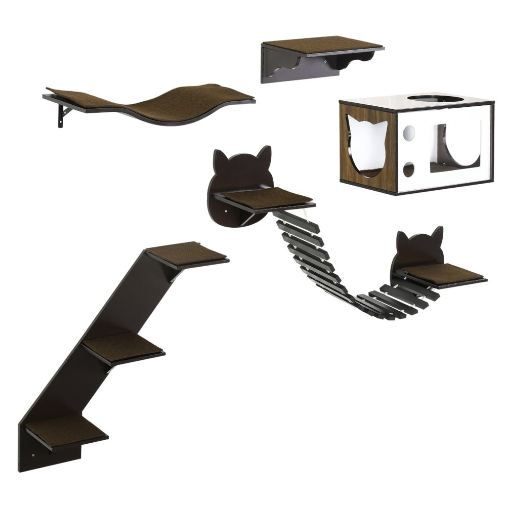 English Elm Pawhut Modular Wall Mounted Cat Tree with Condo Curved Perch Bridge and Solid Wood Frame W2225P217054