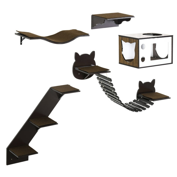 English Elm Pawhut Modular Wall Mounted Cat Tree with Condo Curved Perch Bridge and Solid Wood Frame W2225P217054