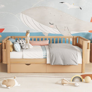English Elm Twin Solid Wood Platform Bed with Guardrail for Kids, Low-Profile Sturdy Pine Frame, Safe Sleep Solution Natural 69.69 L x 18.5 W x 7.68 H W2593P331680