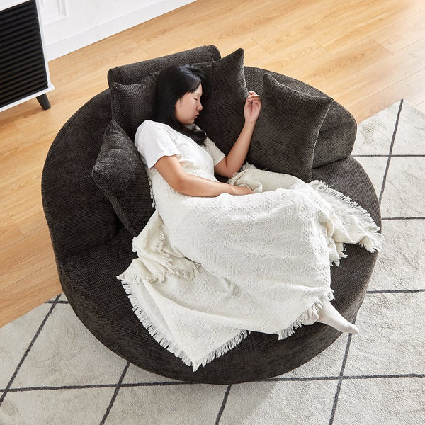English Elm 55''L Chenille Foam Single Swivel Chair with Plush Backrest Pillow, 360° Smooth Recline for Living Room Lounge Comfort Black W834S00351