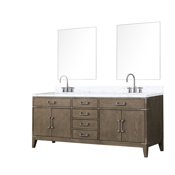 English Elm Grey Oak Double Bath Vanity Set With Carrara Marble Top, Chrome Faucets & 36" Mirrors - 80" Wide B2731S01875