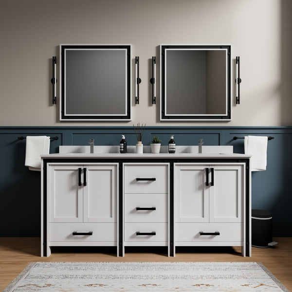 English Elm White Double Bath Vanity 72" W x 22" D with White Quartz Top, Soft-Close Drawers, Dual 30" Mirrors B2731S00913