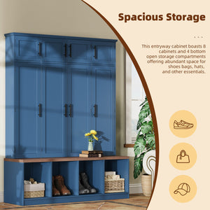 English Elm [Assembly Video] Farmhouse Hall Tree with Walnut Bench, 8-Door Shoe Cabinet, 4 Hooks & Open Storage Organizing Entryway Blue N721S000059C