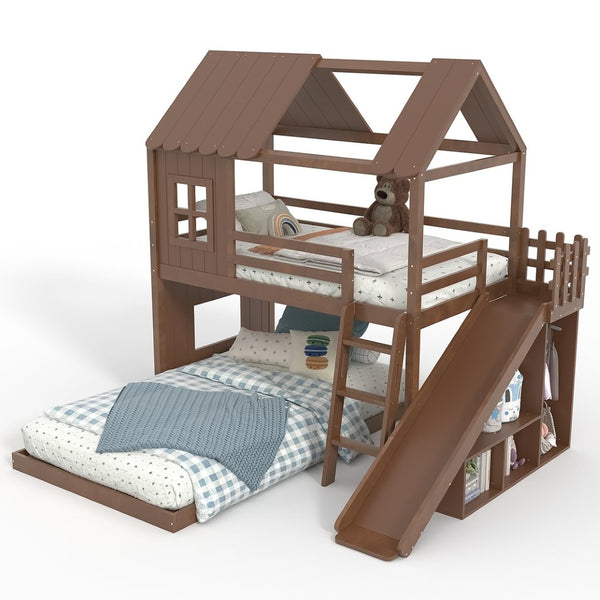 English Elm Twin Over Full Playhouse Bunk Bed with Slide Ladder Storage Shelves and Wardrobe Antique Natural W5305S00041
