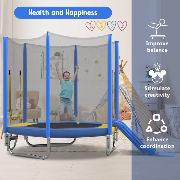 English Elm 7ft Hexagonal Kids Outdoor Trampoline with Enclosure Net Slide and Ladder Blue N739P272805C