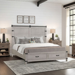 English Elm Alexandria King Storage Bed with USB Ports, Plank Inlay & 2 Drawers, Mountain Mist Rustic Chic B108S00031