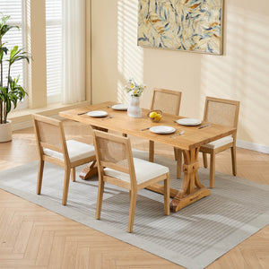 English Elm Farmhouse Rattan Dining Chairs Set of 2 with Linen Upholstery, Cane Back & Solid Wood Frame, Comfortable Beige W1143P332689