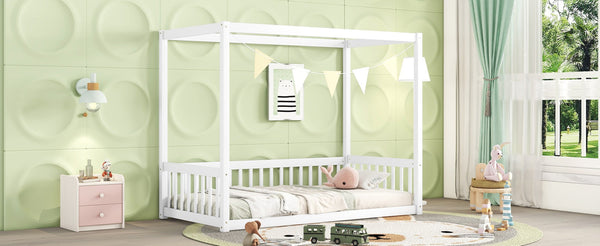 English Elm Twin Canopy Frame Floor Bed With Guardrails – Charming White Design For Cozy Kids' Rooms & Playtime W504P143278-GIGA