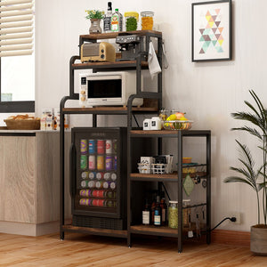 English Elm Multifunctional 7-Tier Mini Fridge & Microwave Stand, Walnut Brown with 2 AC/2 USB Outlets, Heavy-Duty Storage Rack for Kitchen, Dorm, Living Room W2641P383931