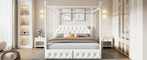 English Elm Queen Metal Canopy Platform Bed with Upholstered Velvet Headboard, Built-In Storage Drawers, White Elegance DL000656AAK