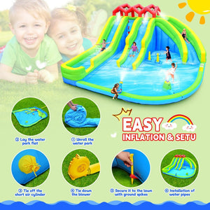 English Elm 7 in 1 Inflatable Backyard Water Park with Triple Slides Climbing Wall and Sprinkler W1677P247457