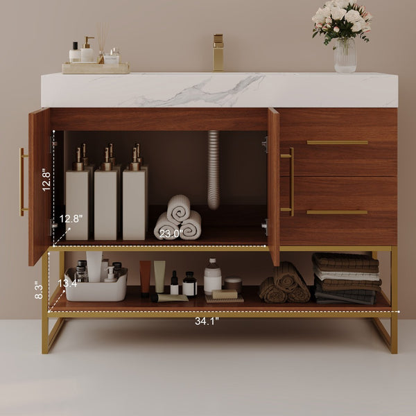 English Elm 36" Freestanding Bathroom Vanity Sintered Stone Top Integrated Basin Gold Hardware W3136S00057