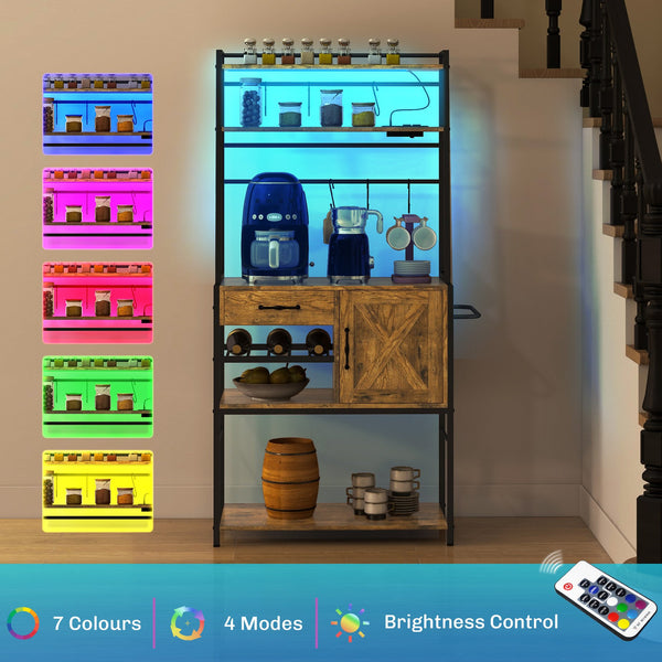 English Elm HOMCOM Bakers Rack with LED RGB Lights, Built-In Outlets & USB, Wine Rack, Drawer, Industrial Charm Rustic Brown W2225P217365
