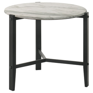 English Elm Myranda White Faux Marble End Table with Black Metal Base — Round HPL Top, Durable Industrial-Modern Accent B062P333448