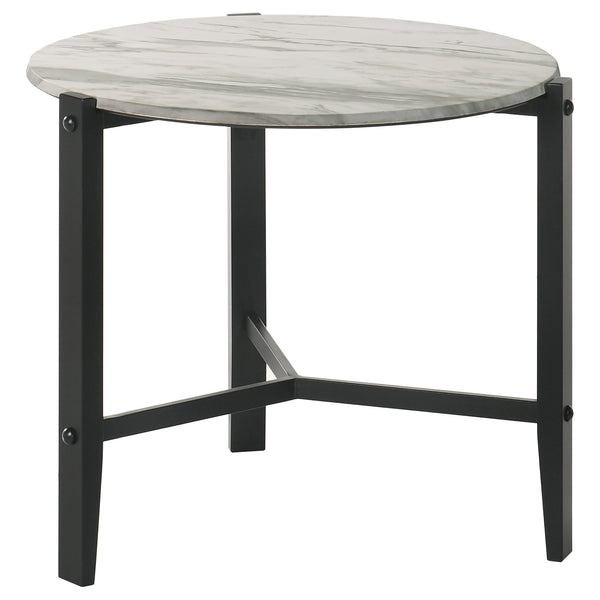 English Elm Myranda White Faux Marble End Table with Black Metal Base — Round HPL Top, Durable Industrial-Modern Accent B062P333448