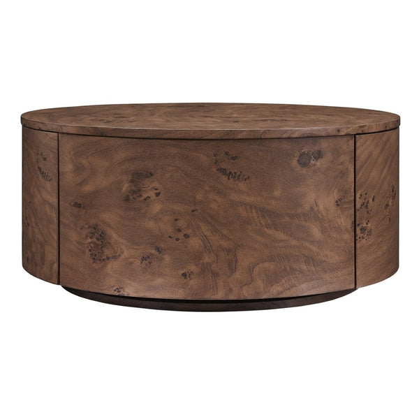 English Elm Burl Veneer Round Coffee Table Swivel Top Two Drawers Walnut Living Room N735P387206D
