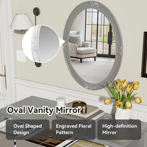 English Elm Luxury Makeup Vanity Desk with Oval Mirror and Engraved Floral Frame, Velvet Jewelry Tray, Durable Drawers and Elegant Console for Bedroom & Living Room Decor Silver N844P292481S