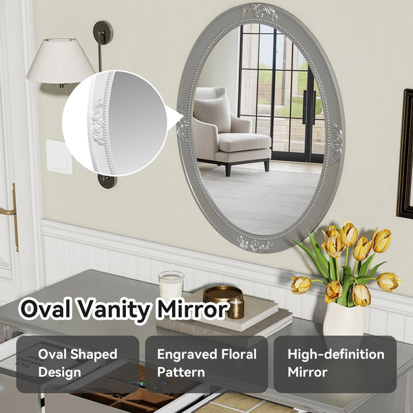English Elm Luxury Makeup Vanity Desk with Oval Mirror and Engraved Floral Frame, Velvet Jewelry Tray, Durable Drawers and Elegant Console for Bedroom & Living Room Decor Silver N844P292481S