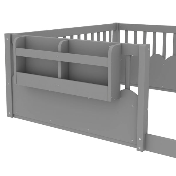 English Elm Twin Low Profile Kids Floor Bed Pine Wood Frame with Safety Rail and Built in Bookshelf Gray W1580P373140