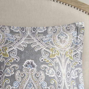 English Elm 6 Piece Cotton Comforter Set - Luxurious Grey Damask Design With Decorative Pillows & Bedskirt B03595743